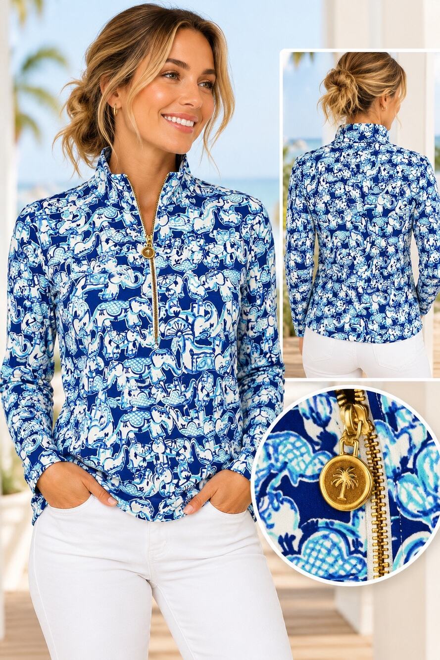 Lilly Pulitzer Luxletic Elephant Print Half Zip Pullover Top Blue White Size L